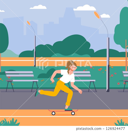 Girl on skate in city park. Summer outdoor sport leisure, teenager healthy activity. Happy female teen walking and riding skateboard, vector illustration Girl on skate in city park. Summer outdoor sport leisure, teenager healthy activity. Happy female teen walking and riding skateboard, vector illustration 126924477
