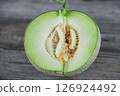 Half of melon on the wood background 126924492
