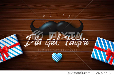 Happy Father's Day Greeting Card Design with Gift Box, Blue Heart, Mustache and Typography Lettering on Vintage Wood Background. Vector Celebration Illustration for Loved and Best Dad. Template for Happy Father's Day Greeting Card Design with Gift Box, Blue Heart, Mustache and Typography Lettering on Vintage Wood Background. Vector Celebration Illustration for Loved and Best Dad. Template for 126924509