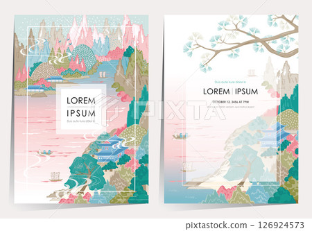Modern Korean Mountain and River Landscape Vector Illustration Template set 	 126924573