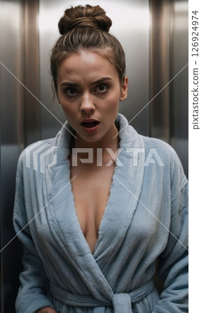 Woman in bathrobe in the bathroom looks at camera with surprised expression on her face 126924974