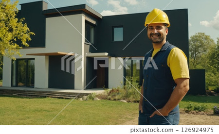Man in yellow helmet standing in front of the house. He's wearing uniform and he's construction Man in yellow helmet standing in front of the house. He's wearing uniform and he's construction 126924975