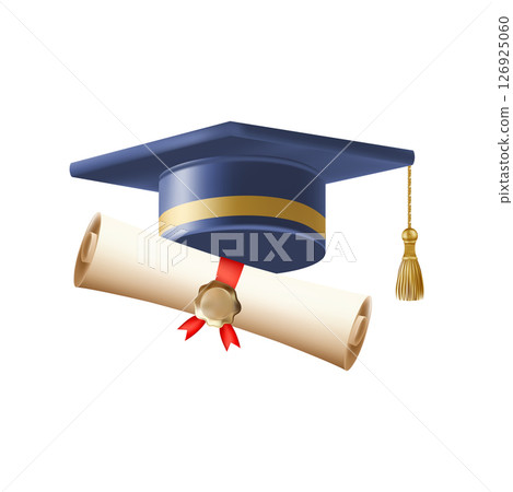 3d diploma scroll with graduate hat. Vintage roll paper 126925060