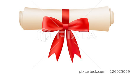 3d diploma scroll icon. Roll paper with red bow. 3d diploma scroll icon. Roll paper with red bow. 126925069