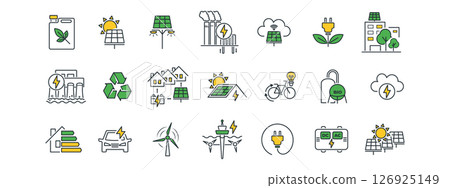 Energy and ecology line icon set. Includes symbols for green practices, carbon tracking, and earth care. Focus on environment-friendly visuals. Vector illustration. Energy and ecology line icon set. Includes symbols for green practices, carbon tracking, and earth care. Focus on environment-friendly visuals. Vector illustration. 126925149