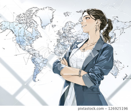 Illustration material of a smiling businesswoman standing in front of a world map 126925196