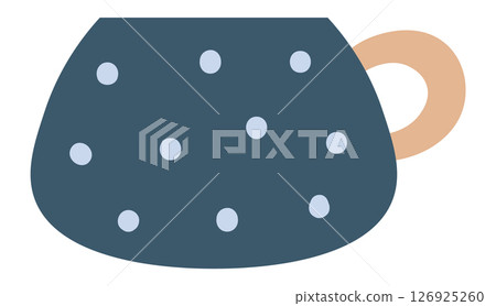 Dark blue ceramic mug featuring light blue polka dots and a light beige handle, isolated against a white background, presented as a simple flat vector illustration Dark blue ceramic mug featuring light blue polka dots and a light beige handle, isolated against a white background, presented as a simple flat vector illustration 126925260