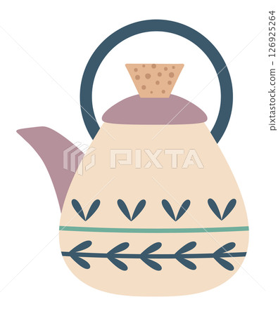 Beige teapot featuring a cork lid, adorned with a purple handle and spout, showcasing floral decorations in blue and light green, isolated against a white background Beige teapot featuring a cork lid, adorned with a purple handle and spout, showcasing floral decorations in blue and light green, isolated against a white background 126925264