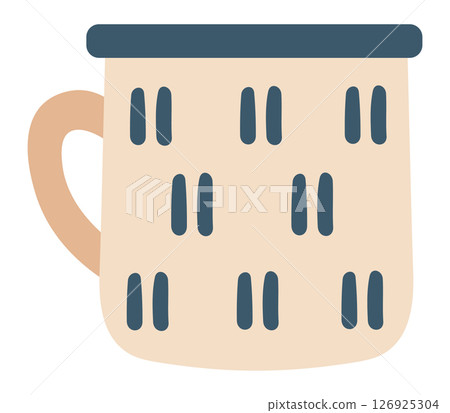 Cozy and stylish beige mug featuring a modern abstract pattern with a blue rim, providing the perfect companion for savoring hot beverages on relaxing days at home 126925304