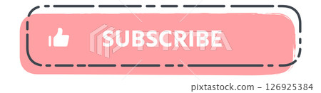 Pink rectangular subscribe button with thumbs up icon promoting online content subscription and encouraging audience engagement on social media platforms 126925384