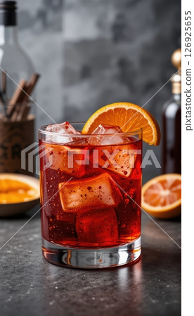Bold Red Cocktail with Ice and Orange Slice in Dark Setting 126925655