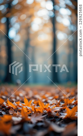 Golden Autumn Leaves Covering Forest Floor with Bokeh Background 126925668