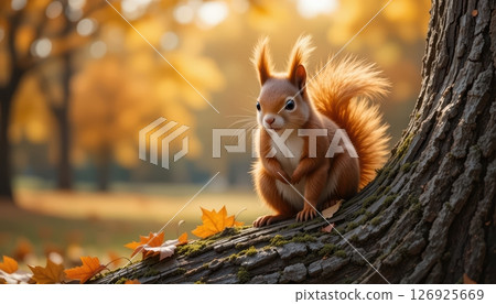 Cute Red Squirrel on Tree Trunk in Golden Autumn Forest 126925669