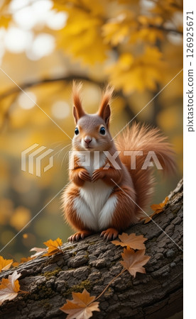 Charming Red Squirrel on Tree Branch in Autumn Glow 126925671