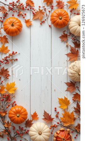 Rustic Autumn Background with Pumpkins, Leaves, and Berries 126925673