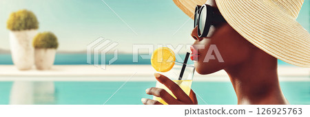 Woman enjoying refreshing summer lemonade by the poolside, wearing a wide-brimmed hat and sunglasses, with vibrant colors and a relaxing atmosphere, perfect for summer vibes 126925763