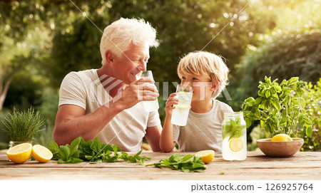 Elderly man and young boy enjoying refreshing lemonade together in a sunny garden, surrounded by fresh lemons and mint leaves, capturing joyful summer moments 126925764