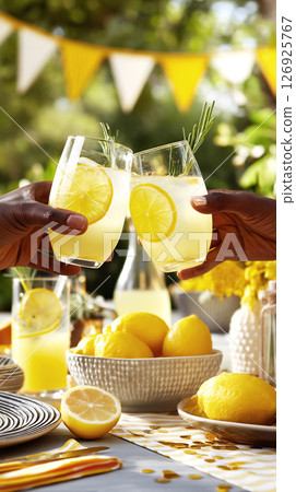 Two hands clinking glasses of refreshing lemonade with lemon slices, surrounded by vibrant summer decor, creating a joyful and festive atmosphere for outdoor gatherings 126925767