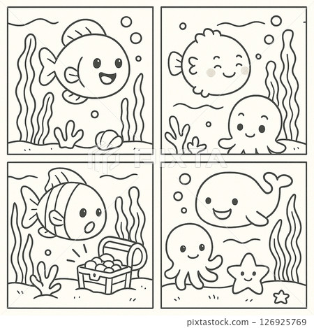 Sea creatures 4-frame cartoon Sea creatures 4-frame cartoon 126925769