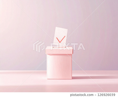 Illustration of a ballot box and ballot paper for an election or survey (pink) 126926039