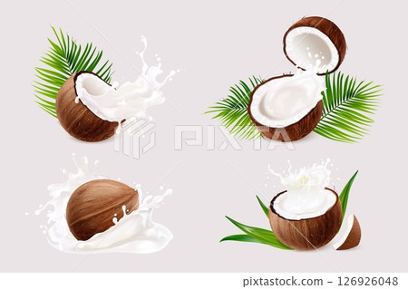 Coconut milk splash. 3d realistic coco oil cream splashes, tropical fruit yogurt drink liquid drop cosmetic concept with palm leaves natural yoghurt, exact vector illustration Coconut milk splash. 3d realistic coco oil cream splashes, tropical fruit yogurt drink liquid drop cosmetic concept with palm leaves natural yoghurt, exact vector illustration 126926048