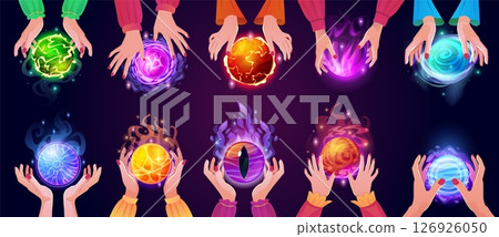 Magic balls in hands. Fortune teller predict future or foretell destiny, gypsy witch hand with crystal ball oracle seer divination telling fate sphere, swanky vector illustration 126926050