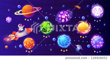 Space game map. Spaceship route through alien planets fantasy gaming ui level, fantasy galaxy universe star sky rocket path road cosmos discovery cartoon swanky vector illustration 126926052