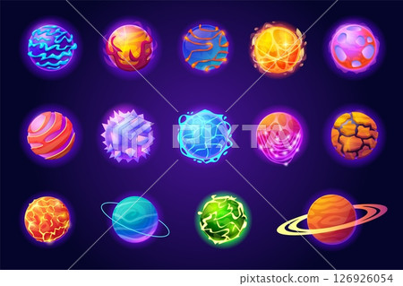 Magic alien planets. Cartoon fantasy planet different surface asteroid ball, galaxy space world cosmic universe orbit ufo cosmos game ui elements set, swanky vector illustration Magic alien planets. Cartoon fantasy planet different surface asteroid ball, galaxy space world cosmic universe orbit ufo cosmos game ui elements set, swanky vector illustration 126926054