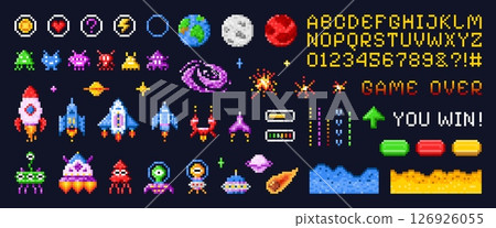 Space arcade interface. Pixel game spaceship invader battle, retro computer videogame ui elements 8 bit vintage gaming machine 80s 90s alien ship planet, swanky vector illustration Space arcade interface. Pixel game spaceship invader battle, retro computer videogame ui elements 8 bit vintage gaming machine 80s 90s alien ship planet, swanky vector illustration 126926055