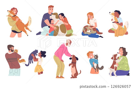 Owners hugging pets. Happy people petting dog and cat, happy owner hug pet family cuddle dogs care love guy girl hold puppy kitten domestic animal adopt, classy vector illustration Owners hugging pets. Happy people petting dog and cat, happy owner hug pet family cuddle dogs care love guy girl hold puppy kitten domestic animal adopt, classy vector illustration 126926057