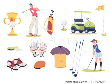 Golf equipment. Cartoon golfer gear, golfing club accessories bag stick tool professional player sport game course stuff cart car shoes gloves cup, set classy vector illustration 126926059