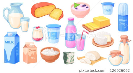 Cartoon dairy products. Milk product set, yogurt cheese cream butter yoghurt bowl curd kefir sour food bottle cup jar pack farm fresh nutrition breakfast neat vector illustration 126926062