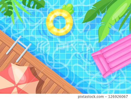 Swimming pool top view background. Cartoon poolside summer vacation sea beach party, inflatable swim ring raft above blue water hotel outdoor summertime neat vector illustration 126926067