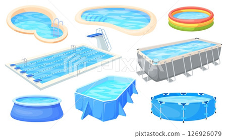 Cartoon inflatable pools. Different swimming pool type for backyard sport olympic kid summer party fitness gum yard patio swim float outdoor beach vacation neat vector illustration Cartoon inflatable pools. Different swimming pool type for backyard sport olympic kid summer party fitness gum yard patio swim float outdoor beach vacation neat vector illustration 126926079