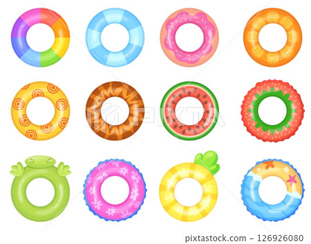Cartoon swimming rings top view. Inflatable ring float in pool sea beach, rubber buoy rubber circle summer water lifesaver lifebelt tube fruit design set, neat vector illustration Cartoon swimming rings top view. Inflatable ring float in pool sea beach, rubber buoy rubber circle summer water lifesaver lifebelt tube fruit design set, neat vector illustration 126926080