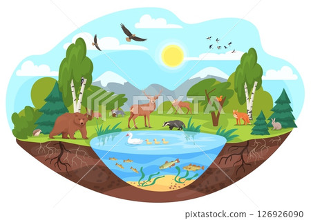 Forest animal ecosystem. Biodiversity different earth nature habitats, wild life environment fauna flora tree plant water pond biosphere organism species, neat vector illustration 126926090