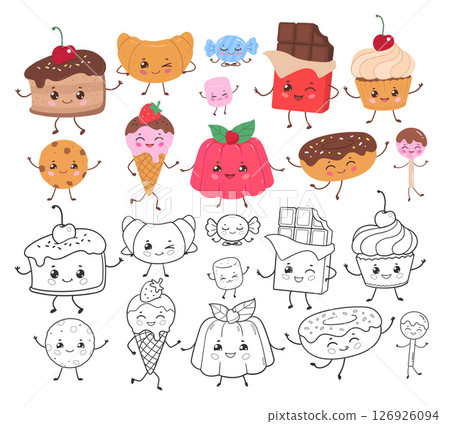 Cute sweets color and line art set 126926094