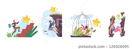 Overcoming hurdle challenge. People overcome obstacle, success businessman challenge climb jump to goals business achieve competitive leader ahead problem set vector illustration 126926095