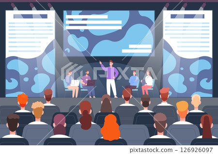 Experts on stage conference. Speakers business forum, convention audience seminar academic lecture presentation show on screen symposium conference room hall vector illustration Experts on stage conference. Speakers business forum, convention audience seminar academic lecture presentation show on screen symposium conference room hall vector illustration 126926097