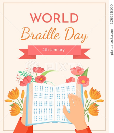 Braille book. Blind disabled person language world day poster, impaired visual man hand touch read text script system learning books library cartoon vector illustration 126926100
