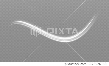 White glowing shiny lines effect. Set of glowing ellipses in speed shape. Imitation of the exit of cold air. Light trail wave, fire path trace line and incandescence curve twirl. 126926135