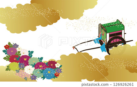 An illustration of a Japanese historical aristocratic vehicle, a ox carriage and floral motifs such as chrysanthemums. An illustration of a Japanese historical aristocratic vehicle, a ox carriage and floral motifs such as chrysanthemums. 126926261