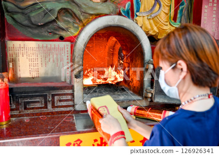 June 2, 2025. Taiwan: Burning paper in the bonfire of a temple in a temple, part of traditional religious rituals in Taiwan 126926341