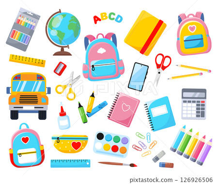 School supplies. Back to school. School bus, notebooks, books, set of colored pencils, backpack, paints, globe, stationery. Vector illustration in flat style 126926506
