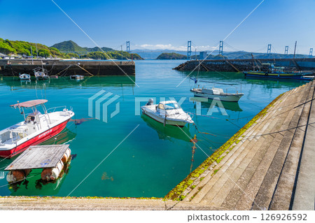 Ehime Prefecture: Coastline overlooking the Kurushima Kaikyo Bridge 126926592