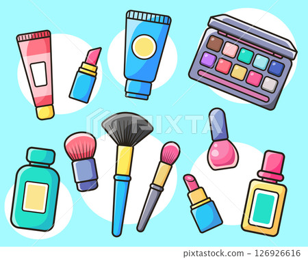A set of various cosmetic products for grooming. Collection of decorative cosmetics and makeup items in bottles, tubes and jars. Flat vector illustration. A set of various cosmetic products for grooming. Collection of decorative cosmetics and makeup items in bottles, tubes and jars. Flat vector illustration. 126926616