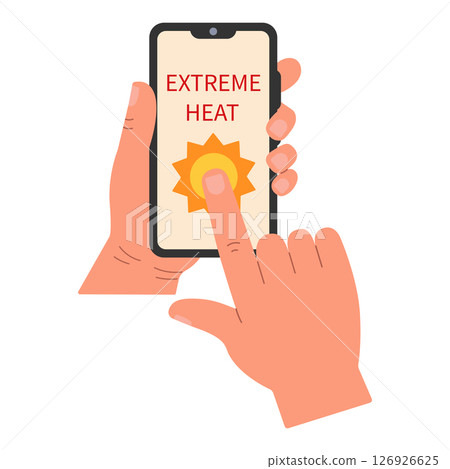 A hand holds a smartphone with a weather forecast on a mobile app. Extreme heat. A hot summer day. Tropical climate. Hand drawn, Vector illustration A hand holds a smartphone with a weather forecast on a mobile app. Extreme heat. A hot summer day. Tropical climate. Hand drawn, Vector illustration 126926625