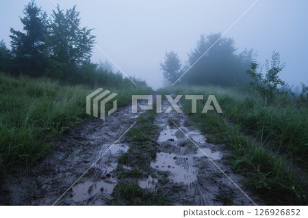 Morning Fog Over Muddy Rural Pathway Surrounded by Green Grass and Trees 126926852