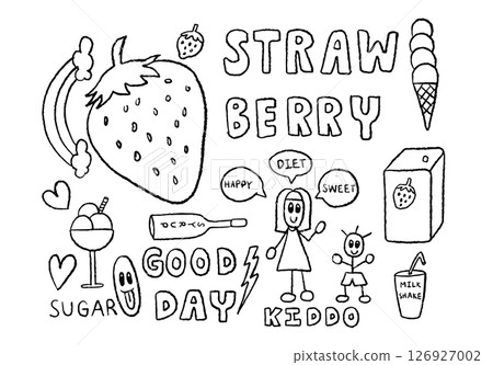 Hand drawn cute outlines of strawberry, ice cream cone, sundae ice cream, syrup, girl, baby boy, strawberry milk box, rainbow, good day letters for kid colouring book, art, fruit, vegan, sweet dessert Hand drawn cute outlines of strawberry, ice cream cone, sundae ice cream, syrup, girl, baby boy, strawberry milk box, rainbow, good day letters for kid colouring book, art, fruit, vegan, sweet dessert 126927002