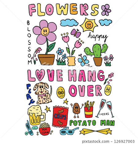 Hand drawn cute illustrations of flowers, flowerpots, cactus, sun, cloud, butterfly, LOVE HANGOVER letters, puppy, potato, beer glass, popcorn, French fries, movie glass, flip phone, champagne glass	 126927003